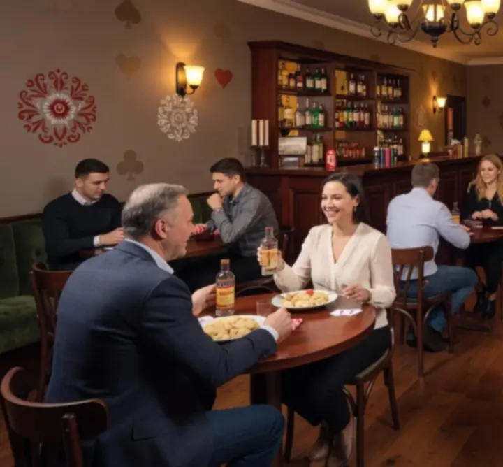 Panoramiczny widok strefy lounge POLSKA AFTER DARK z eleganckim wystrojem i pokerowym klimatem.