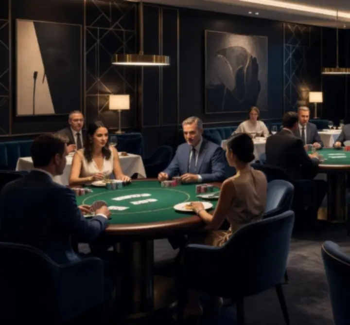 Nowoczesna sala pokerowa z elegancką restauracją w tle