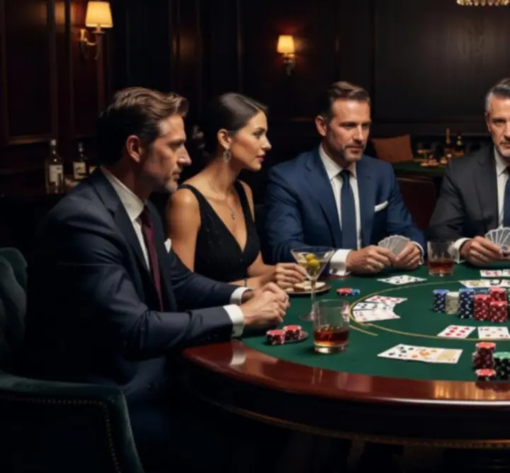 Stół pokerowy w otoczeniu gości rozmawiających i bawiących się w lounge POLSKA AFTER DARK.