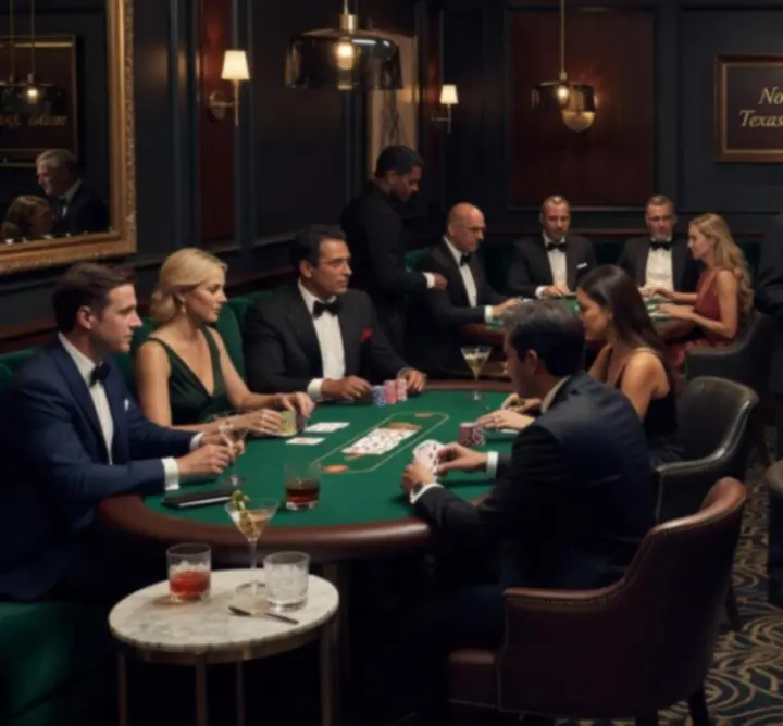 Lounge pokerowy z gośćmi grającymi przy stolikach w nastrojowym świetle